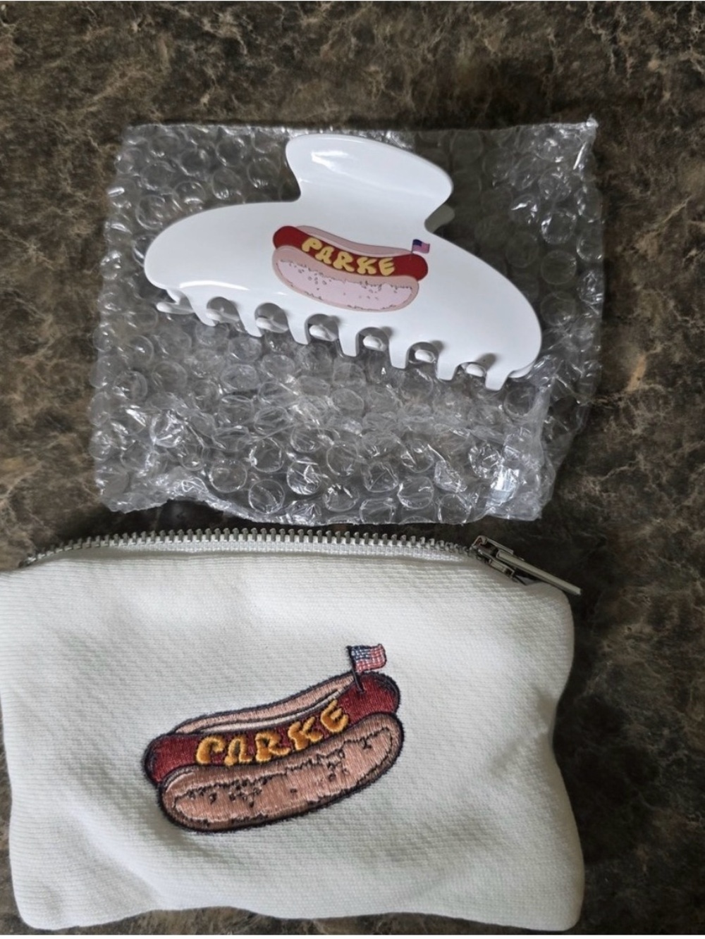 Parke White Hot Dog Patch Hair Claw Clip with Matching Pouch